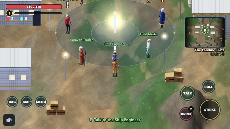 The lit landing pad of Outpost Nine, its crew gathered round and the hero among them, between habitats on the Landing Flats.